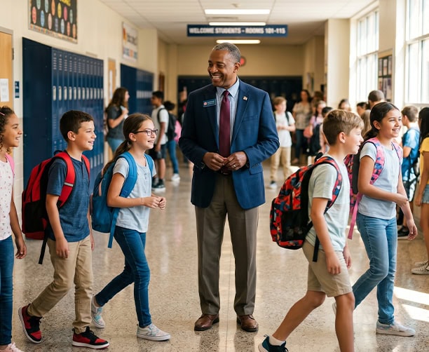 School Principal Greeting Students Hallway