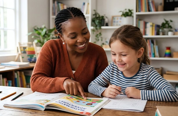Teacher Helping Student Reading Classroom