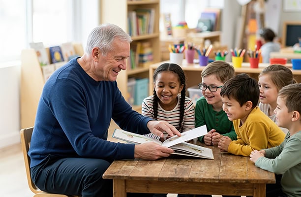 Teacher Reading Book To Young Students